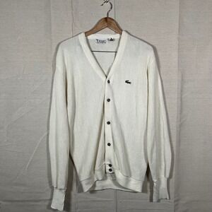 Vintage Izod Lacoste Cardigan Sweater Mens Large Cream Orlon Acrylic V-Neck